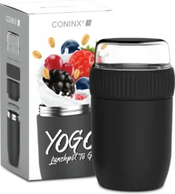 Coninx Thermos Lunchbox - Muesli Beker To Go - Isoleer Lunchpot - Yoghurtbeker To Go - Mueslibeker 840ml (600ml+240ml) - RVS / Zwart -Beste Woninginrichting Winkel 1086x1200