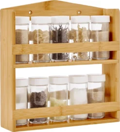 ACAZA Ophangbaar Kruidenrek Met 10 Glazen Kruidenpotjes, Spice Rack, Keuken Rek, Kruiden Organizer Voor Specerijen, Peper, Zout, 26 Cm Breed, Bamboe