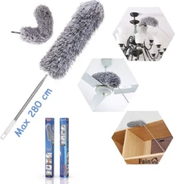 Fain® Plumeau Met Telescoopsteel – Grijs – 80 Tot 280 Cm - Uitschuifbaar – Wasbaar - Flexibel 360° Draaibaar – Duster - Microvezel Ragebol