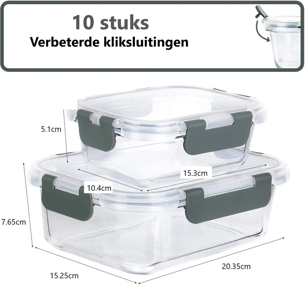 VMCA Glazen Vershoudbakjes Voor Vriezer Oven En Magnetron - 10 Bakjes - Grijs 5 VMCA Glazen Vershoudbakjes Voor Vriezer Oven En Magnetron - 10 Bakjes - Grijs - Afbeelding 5