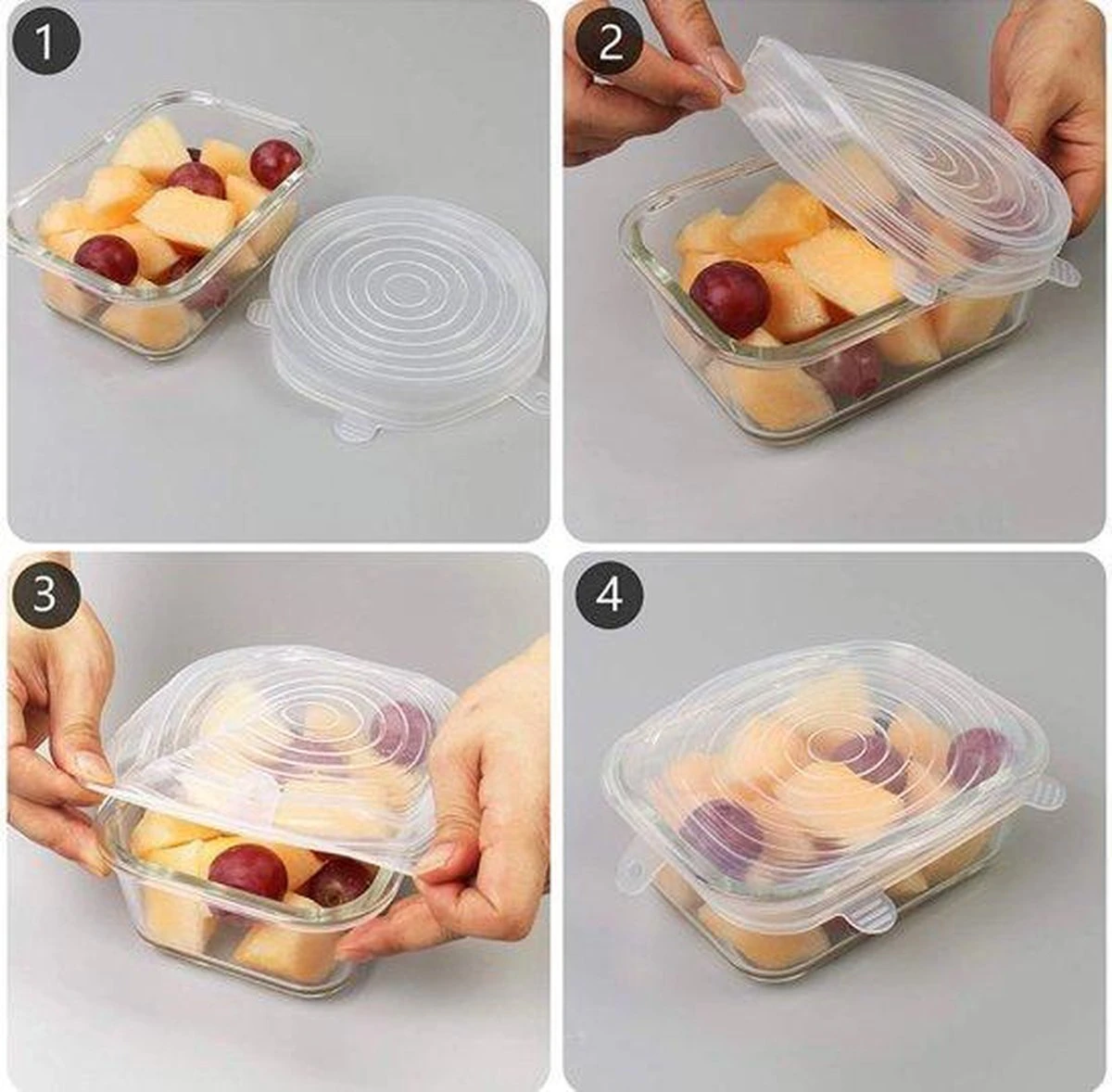 Siliconen Vershoud Deksels – Set Van 6 Stuks – Flexibel – Herbruikbaar – Wit - Stretch Tot Wel 30 Cm 7 Siliconen Vershoud Deksels – Set Van 6 Stuks – Flexibel – Herbruikbaar – Wit - Stretch Tot Wel 30 Cm - Afbeelding 7