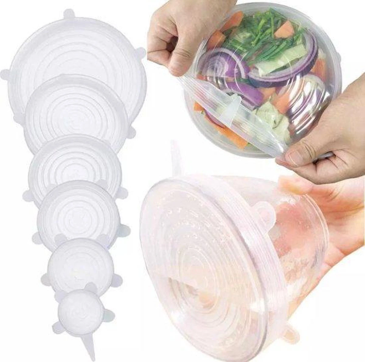 Siliconen Vershoud Deksels – Set Van 6 Stuks – Flexibel – Herbruikbaar – Wit - Stretch Tot Wel 30 Cm 5 Siliconen Vershoud Deksels – Set Van 6 Stuks – Flexibel – Herbruikbaar – Wit - Stretch Tot Wel 30 Cm - Afbeelding 5