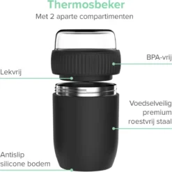 Coninx Thermos Lunchbox - Muesli Beker To Go - Isoleer Lunchpot - Yoghurtbeker To Go - Mueslibeker 840ml (600ml+240ml) - RVS / Zwart -Beste Woninginrichting Winkel 1200x1198 8