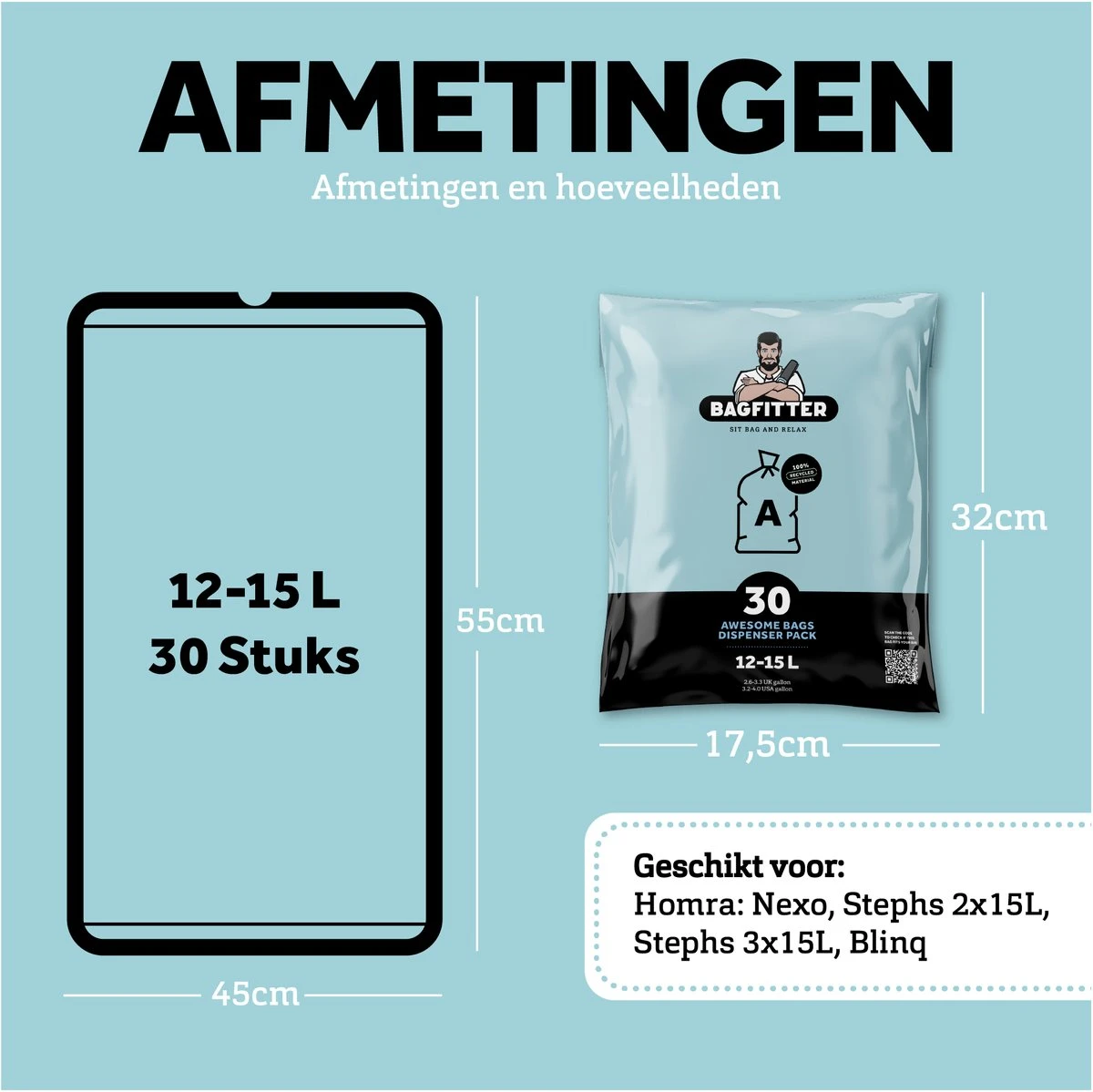 BagFitter Blauw A 12L Tot 15L Vuilniszak Met Trekband Van 100% Gerecycled Plastic - 54,5cm X 45cm - 30 Stuks - 12-15 Liter - Vuilniszakken - Afvalzakken - Prullenbakzakken Geschikt Voor O.a. Homra Stephs, Blinq En Nexo 2 BagFitter Blauw A 12L Tot 15L Vuilniszak Met Trekband Van 100% Gerecycled Plastic - 54,5cm X 45cm - 30 Stuks - 12-15 Liter - Vuilniszakken - Afvalzakken - Prullenbakzakken Geschikt Voor O.a. Homra Stephs, Blinq En Nexo - Afbeelding 2