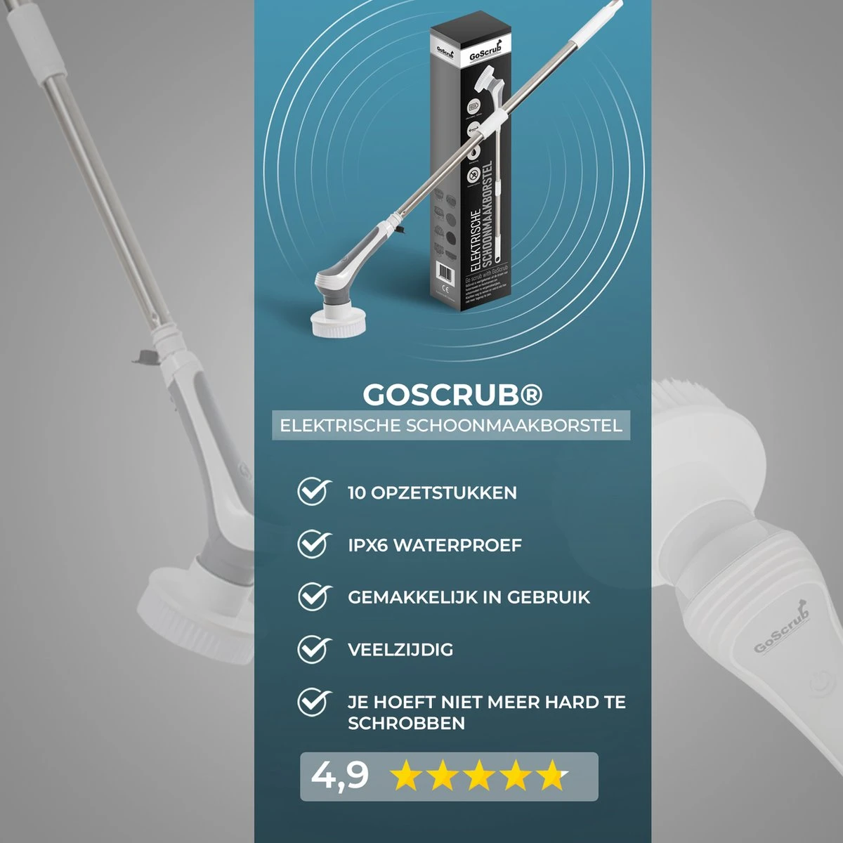 GoScrub® Elektrische Schoonmaakborstel – Elektrische Schrobber - Schrobborstel – Voor Badkamer Of Keuken – Schrobber Met Steel – Luiwagen – Polijstmachine - Poetsmachine Met 10 Opzetstukken 5 GoScrub® Elektrische Schoonmaakborstel – Elektrische Schrobber - Schrobborstel – Voor Badkamer Of Keuken – Schrobber Met Steel – Luiwagen – Polijstmachine - Poetsmachine Met 10 Opzetstukken - Afbeelding 5