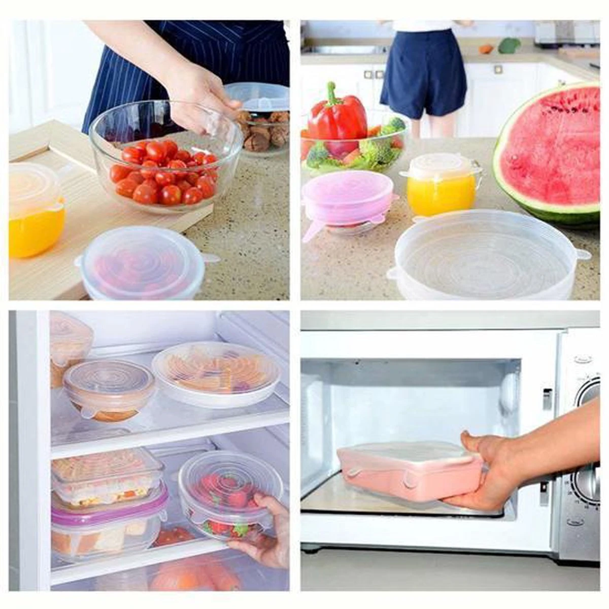 Siliconen Vershoud Deksels – Set Van 6 Stuks – Flexibel – Herbruikbaar – Wit - Stretch Tot Wel 30 Cm 2 Siliconen Vershoud Deksels – Set Van 6 Stuks – Flexibel – Herbruikbaar – Wit - Stretch Tot Wel 30 Cm - Afbeelding 2