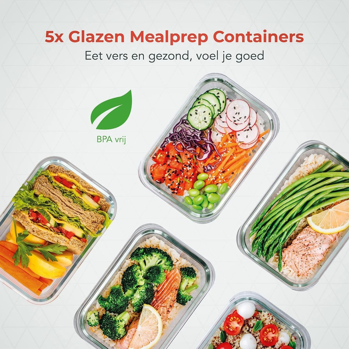 KitchenBrothers Meal Prep Bakjes - Set - Luchtdicht - BPA Vrij - 1L - Glas - 5 Stuks 7 KitchenBrothers Meal Prep Bakjes - Set - Luchtdicht - BPA Vrij - 1L - Glas - 5 Stuks - Afbeelding 7