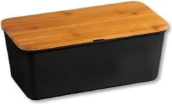 Melamine Broodtrommel Met Bamboe Snijplank | Brood Bewaar Doos Met Hoge Kwaliteit Bamboe Snij Plank | Met Bamboe Deksel, Te Gebruiken Als Brood Snijplank | Afm. 34 X 18 X 14 Cm. | Kleur Brood Trommel: ZWART