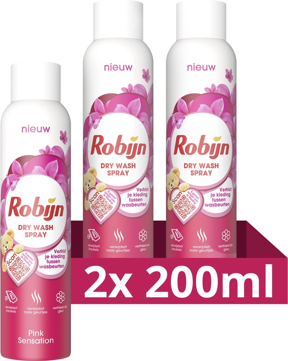 Robijn Pink Sensation Dry Wash Spray - 2 X 200 Ml - Voordeelverpakking 1 Robijn Pink Sensation Dry Wash Spray - 2 X 200 Ml - Voordeelverpakking